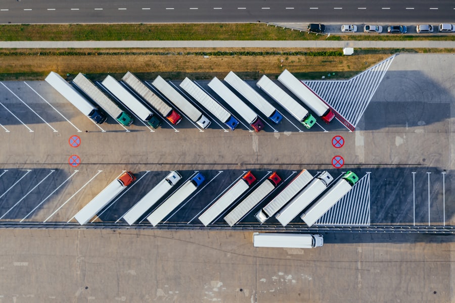 Fleet of parked trucks